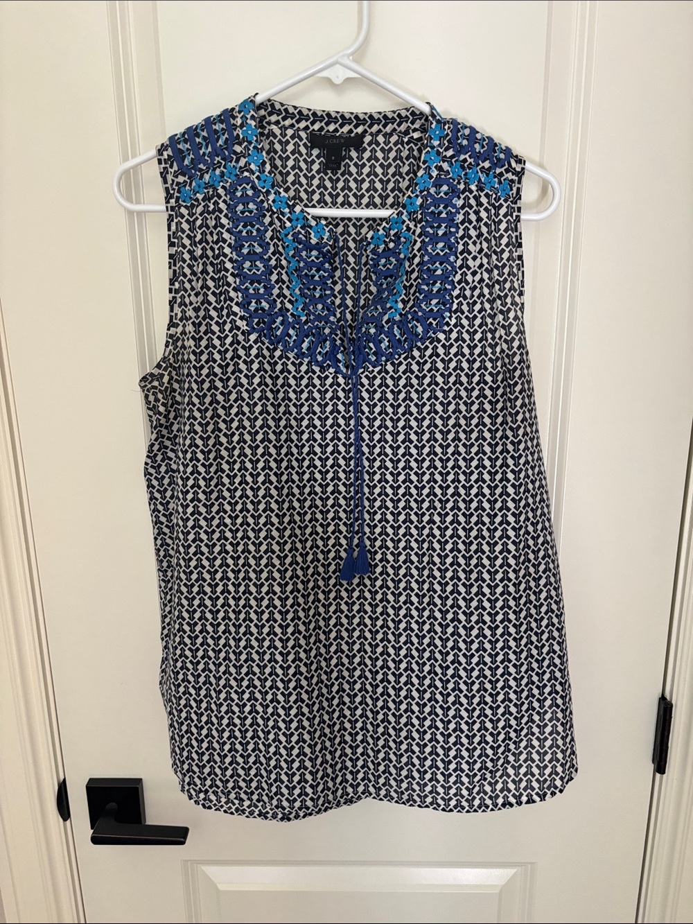 J. Crew Navy & White Embroidered Tassel Sleeveless Camisole